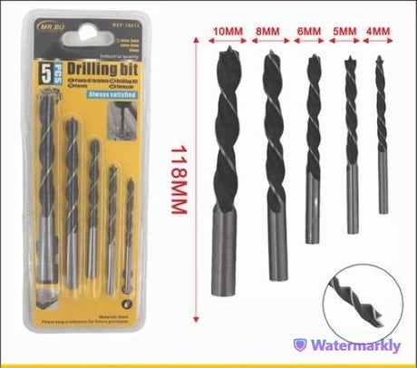 Set of 5 wood drilling bits (4-10mm) ideal for precise boring in wood, suitable for DIY and professional projects.