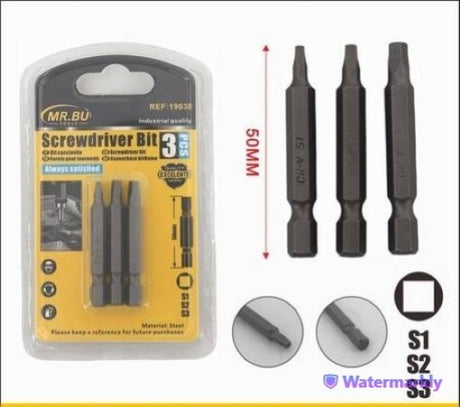 Pack of 12 screwdriver bits (50MM, S1-S2-S3) for durable, versatile use in DIY projects and repairs.