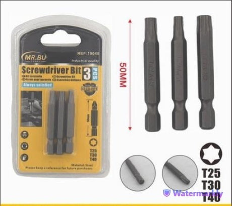 Durable 50MM screwdriver bit set including T25, T30, and T40 sizes, perfect for professionals and DIY projects. Pack of 12.