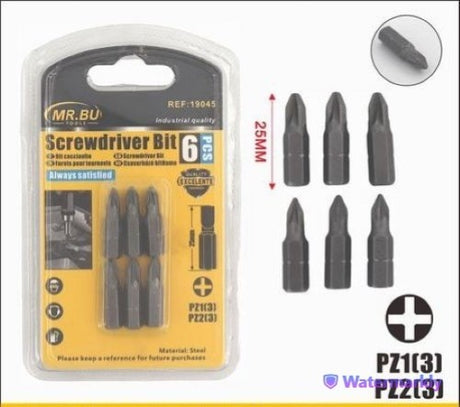 25MM screwdriver bit set includes 6 durable bits (3 PZ1, 3 PA2) for professional and DIY tasks, packed in sets of 12.