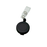 Sleek black badge holder with retractable cord, metal clip, and compact design for easy ID display at events or in the workplace.