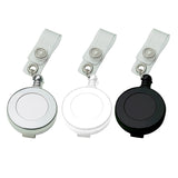 Premium silver badge holder with retractable cord for easy ID access; features durable plastic and metal clip.