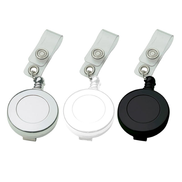 Premium silver badge holder with retractable cord for easy ID access; features durable plastic and metal clip.