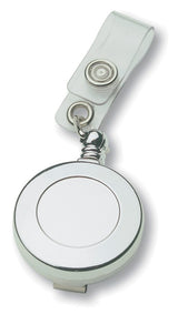 Premium silver badge holder with retractable cord, designed for secure and stylish ID display.