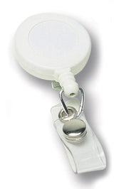 White badge holder with durable plastic, metal clip, and retractable cord up to 610mm for easy ID access.