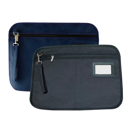 Stylish blue Conference Satchel with wrist strap, zippered pocket, and ID slot, perfect for conferences and networking events.