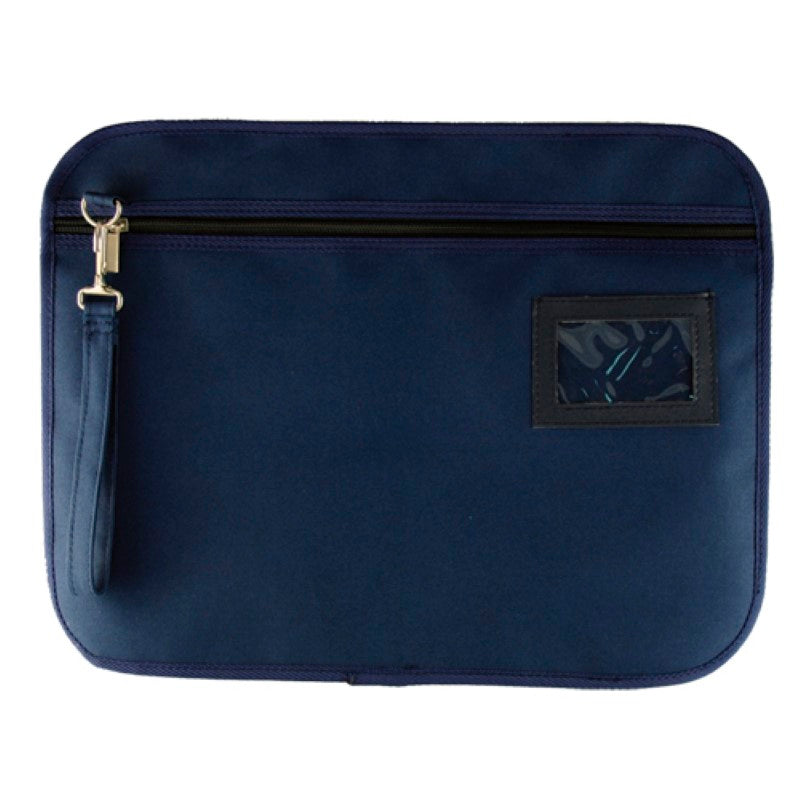 Stylish blue Conference Satchel made of durable polyester, featuring a wrist strap, zippered pocket, and ID holder.