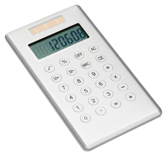 Sleek Slimline Pocket Calculator with 8-digit display, solar-powered, lightweight aluminum design, ideal for on-the-go calculations.
