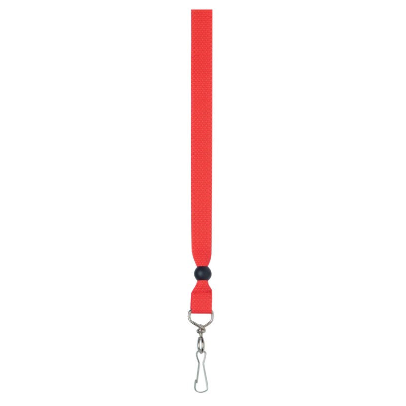 Vibrant red ribbon lanyard with 50mm metal clip, perfect for ID badges and event branding, measuring 15mm wide and 420mm long.