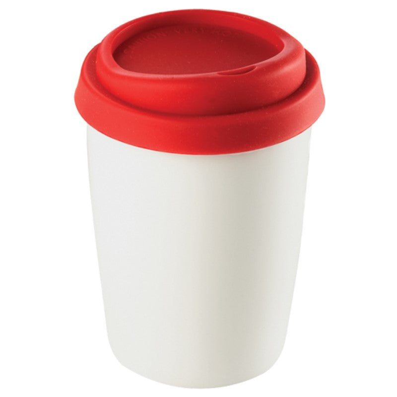 Bold red ceramic mug features double-walled insulation, silicone lid, and elegant packaging, perfect for hot beverages on-the-go.