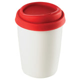 Bold red ceramic mug features double-walled insulation, silicone lid, and elegant packaging, perfect for hot beverages on-the-go.