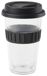 Stylish black double-walled plastic mug with silicone lid, perfect for hot or cold drinks, 350ml capacity.