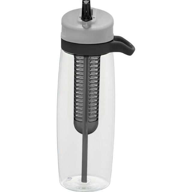 A sleek black Mega Fuse Infuser Bottle with a detachable fruit infuser for flavorful hydration on the go, made from BPA-free Tritan.