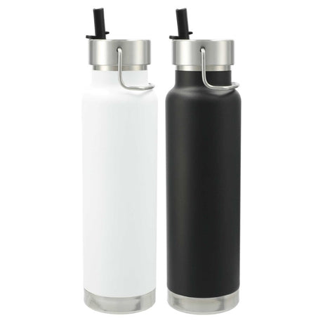 Thor Copper Vacuum Bottle in White, featuring a durable design, integrated straw, and superior insulation for hot and cold drinks.