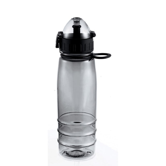 Flip-top sports bottle in smoke color, 650ml capacity, shatter-resistant, BPA-free, ideal for hydration on-the-go.
