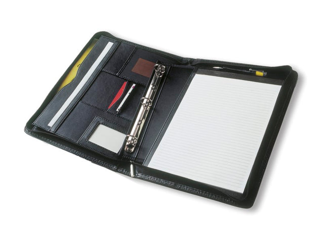 Premium A4 Compendium in Koskin leather-look with 3-ring binder, pockets, and pen loop for stylish organization on the go.