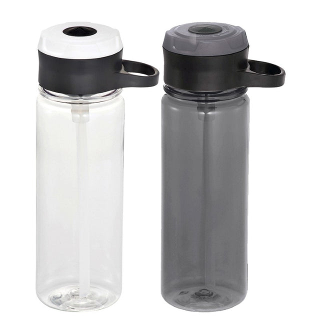 Clear Rocket Tritan sports bottle with pop-up spout, 740ml capacity, BPA-free, lightweight, and carabiner handle for easy carrying.