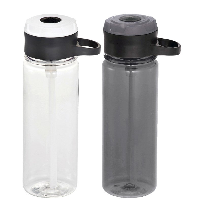Rocket Tritan Sports Bottle in black, 740ml capacity with pop-up spout, straw, and carabiner handle for easy hydration on the go.