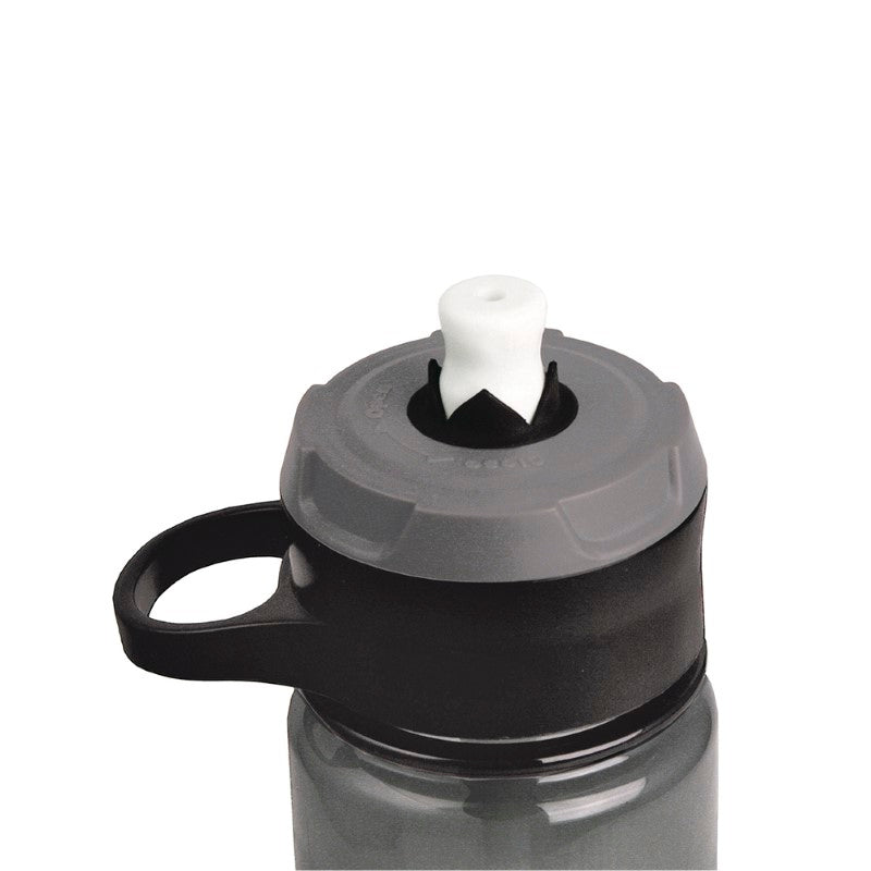 Black Rocket Tritan Sports Bottle with pop-up spout, straw, carabiner handle, and 740ml capacity for convenient hydration.
