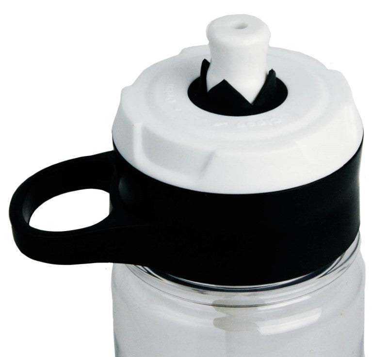 Clear Rocket Tritan sports bottle with 740ml capacity, pop-up spout, straw, and carabiner handle for easy hydration on-the-go.