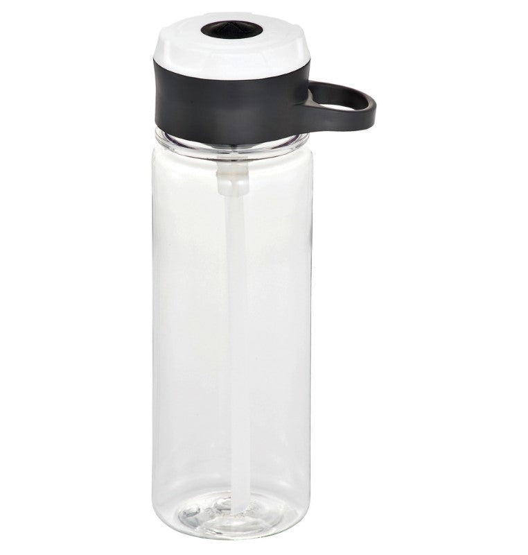 Clear Rocket Tritan sports bottle with pop-up spout, straw, carabiner, 740ml capacity, and BPA-free for safe hydration.