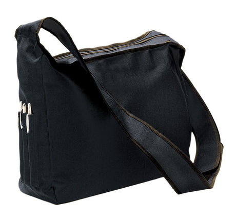 Sleek black conference shoulder bag made of durable 600D polyester, featuring zippered compartment, ID pocket, and adjustable strap.