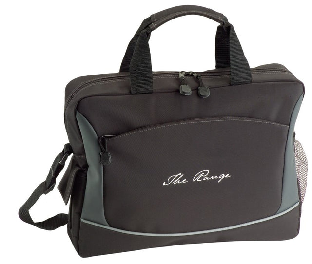 Sleek microfibre Conference Bag with zippered compartments, adjustable strap, and drink pocket for professional events.