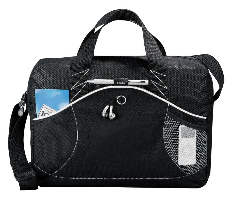 Stylish black Boomerang Brief with zippered compartment, pen loop, earbud port, and adjustable strap for professionals.