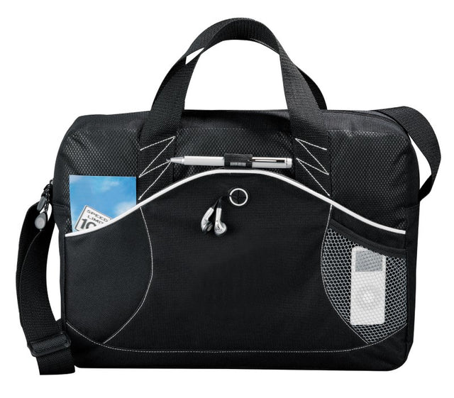 Stylish black Boomerang Brief with zippered compartment, pen loop, earbud port, and adjustable strap for professionals.
