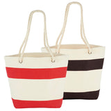 Vibrant red cotton tote with stylish stripe print, sturdy rope handles, and spacious main compartment for everyday use.