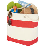 Capri Stripes Cotton Shopper Tote in vibrant red with silk screen stripes, sturdy rope handles, and spacious main compartment.