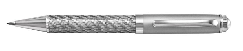 Sleek silver and carbon fibre pencil with twist action, perfect for precision writing and style-conscious users.