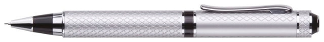 Sophisticated twist action metal pencil with a matt silver finish, diamond pattern, and black accents for elegant writing.