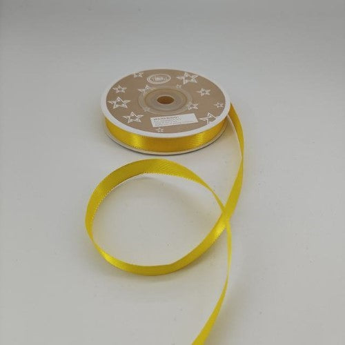 Vibrant lemon-yellow satin ribbon, 1cm wide, 22m per roll, perfect for crafting, gift wrapping, and elegant decorations.