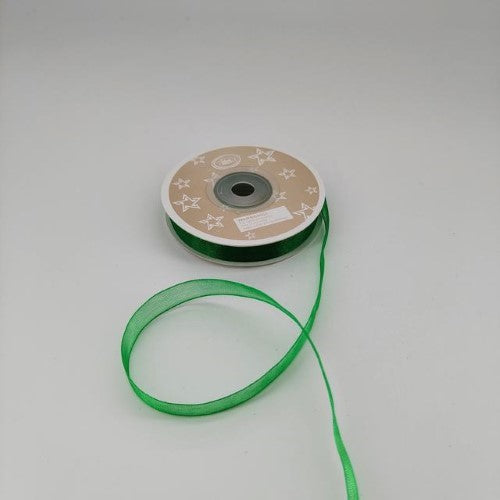 Green organza ribbon, 1cm wide and 22m long, ideal for elegant gift wrapping and crafts, sold in a pack of six rolls.