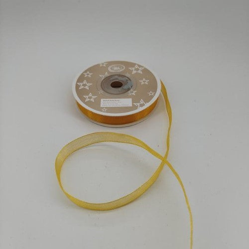 Yellow organza ribbon, 1cm wide, 22m long, pack of 6, perfect for crafting, gift wrapping, and DIY projects.