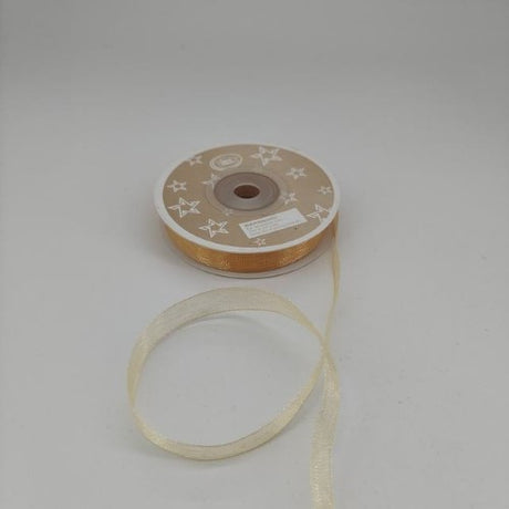 Light gold organza ribbon, 1cm wide, 22m long, pack of 6 rolls, perfect for elegant gift wrapping and crafting.