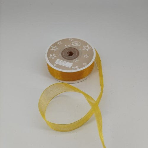 Vibrant yellow organza ribbon, 2cm wide x 22m long, pack of 6, perfect for elegant gift-wrapping and DIY crafts.