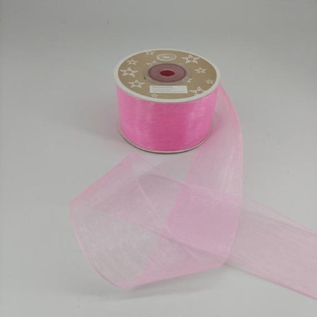 Light pink organza ribbon, 3.8cm wide, 22m long, ideal for elegant gift wrapping and crafts, pack of 6 rolls.