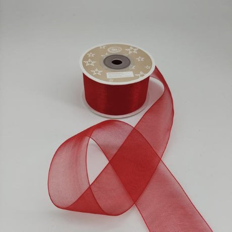 Red organza ribbon, 3.8cm wide, 22m long, pack of 6, ideal for gift wrapping and elegant decor projects.