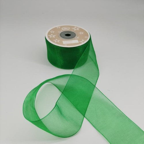 Vibrant green organza ribbon, 3.8cm wide, 22m long, pack of 6, perfect for crafting, gift wrapping, and decorations.