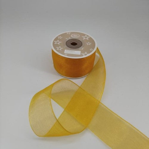 Vibrant yellow organza ribbon, 3.8cm wide and 22m long, ideal for crafts, gift wrapping, and floral arrangements. Pack of 6.