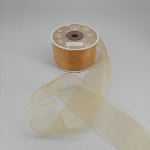 Light gold organza ribbon, 3.8cm wide and 22m long, ideal for elegant crafting and decorating projects. Pack of 6.