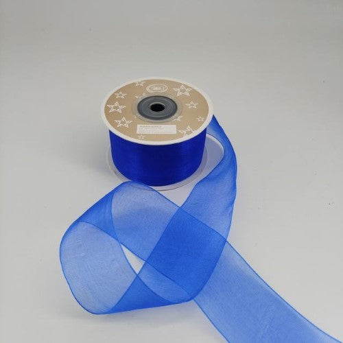 Pack of 6 Royal Blue organza ribbons, 3.8cm wide, 22m long, perfect for crafting, gifts, and wedding decorations.