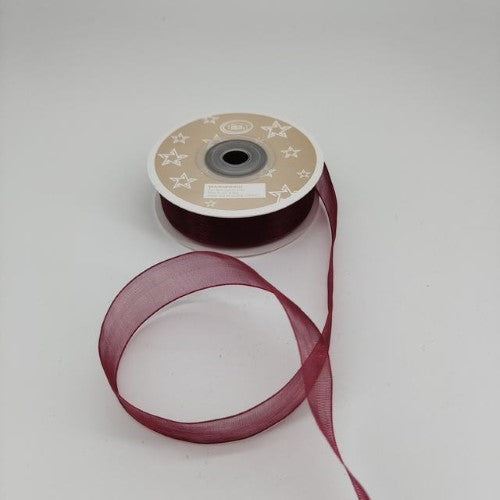 Luxurious wine red organza ribbon, 2cm wide, 22m long, perfect for crafting, gift wrapping, and elegant decorations. Pack of 6.