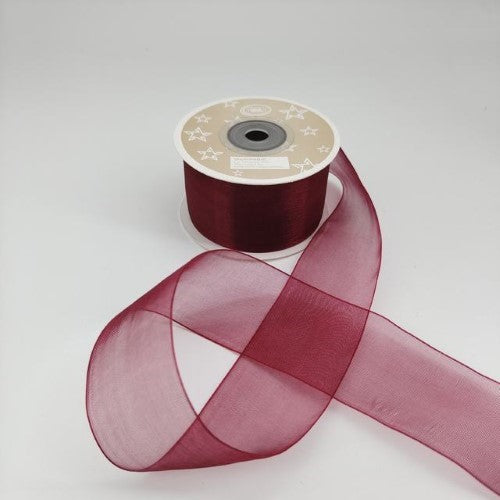 Wine Red organza ribbon, 3.8cm wide, 22m long, pack of 6, perfect for elegant gift wrapping and DIY crafts.