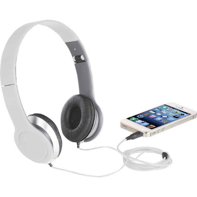 White Atlas Headphones featuring foldable design, adjustable fit, 3.5mm jack, and 1450mm cord length, stored in a velvet pouch.