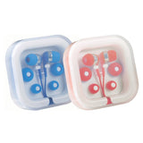 Blue earbud organizer case featuring cable storage, three eartip sizes, and a 1100mm cord for tangle-free listening.