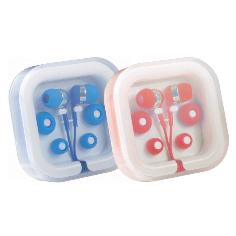Red ear buds in a compact case with cable storage, featuring three eartip sizes for comfort and quality sound on the go.