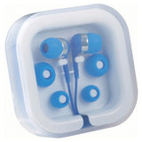 Blue earbud organizer case with cable storage, 3 soft rubber eartips, and long 1100mm cord for tangle-free listening.